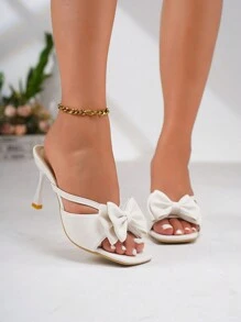 planare Women's Elegant Fashionable Square Toe Stiletto Heeled White Sandals With PU Strap, Bowknot, Slip-On For Comfortable Daily Wear, Summer Valentines - White - View 4