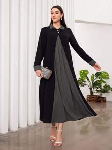Al Najma 鈕扣裝飾對比色長袖連衣裙 - 彩色 - 查看 6
