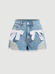SHEIN MOD Quần short denim rách dành cho nữ có túi, trang trí viền sờn và nơ - Rửa nhẹ - Xem 1