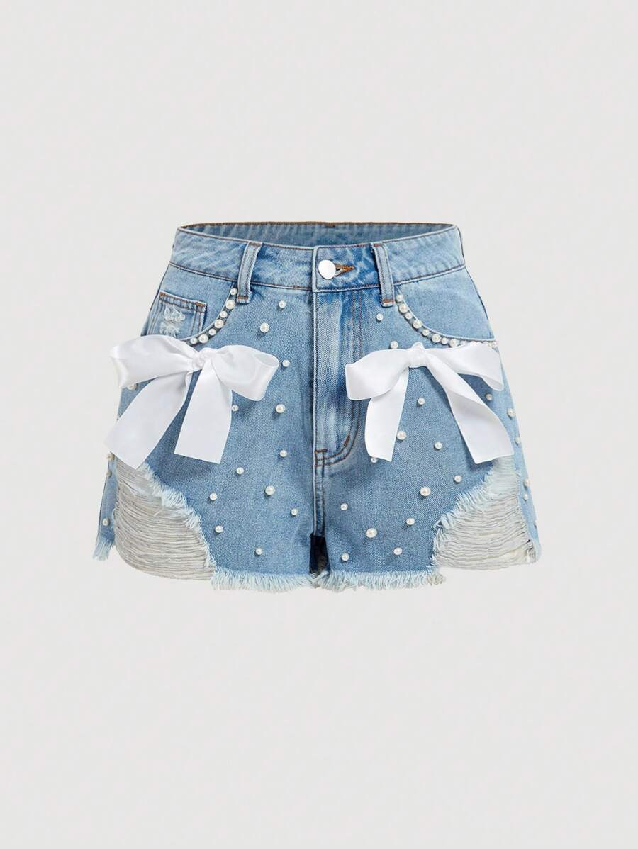 SHEIN MOD Quần short denim rách dành cho nữ có túi, trang trí viền sờn và nơ - Rửa nhẹ - Xem 1