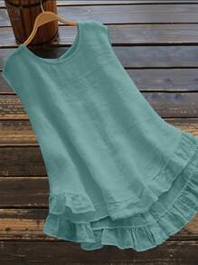 Áo sơ mi không tay đơn giản và thanh lịch màu trơn dành cho nữ để mặc hàng ngày - Màu xanh lam - Xem 1