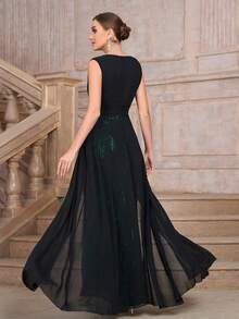 Women's Deep V Sequin Mesh Panel Long Sleeveless Formal Evening Gown (Heavyweight Design) - Black - View 2