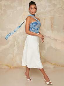 Hauture Body con cuello halter con flores, gargantilla con cristales y drapeado - Azul - Ver 5