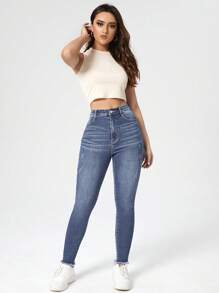 Cloudara High Waist Cat Scratch Skinny Jeans - Medium Wash - View 4