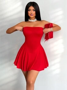 Sirith Vestido corto sin tirantes de unicolor para la ropa de Año Nuevo para mujeres - Rojo - Ver 9