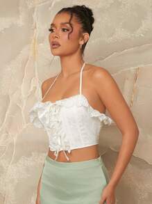 Hauture Áo crop top ren xếp nếp - trắng - Xem 3