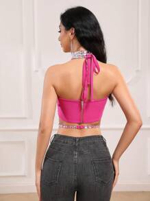 Handmade Rhinestone Bandeau Halter Neck Crop Top, Summer