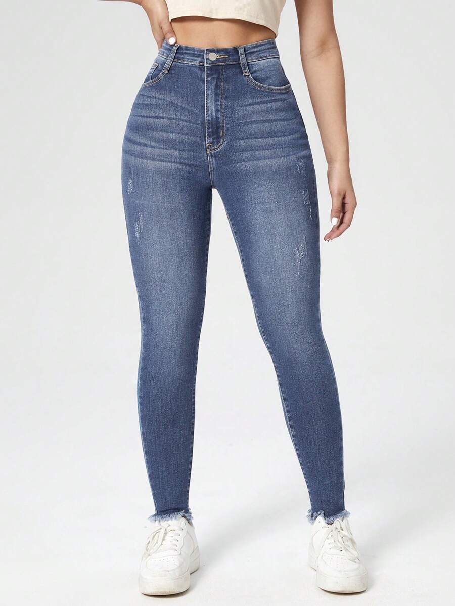 Cloudara High Waist Cat Scratch Skinny Jeans - Medium Wash - View 1