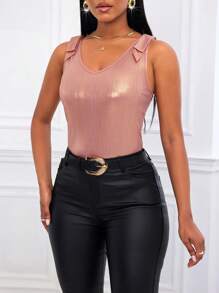 Zolique Women's Summer Metal Texture Shoulder Knot V-Neck Tank Top - Champagne - View 4