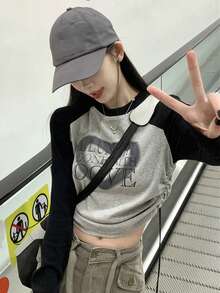 Color Block Letter Pattern Raglan Sleeve T-Shirt With Side Drawstring - Grey - View 6