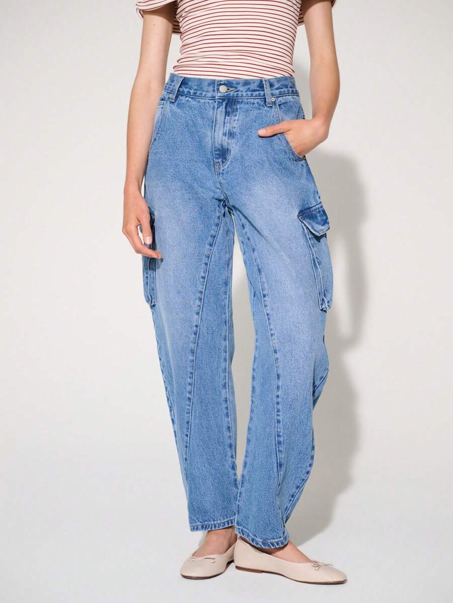 WESTFADE 优质 97% 纯棉无弹力工装筒腿九分牛仔裤 - 淺色水洗藍 - 查看 1