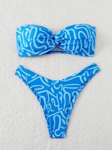 SHEIN Swim 女性夏季海灘條紋印花無肩帶性感比基尼套裝，隨機印花圖案 - 藍色 - 查看 3