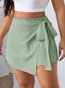 Calvaya Plus Size Solid Color Knotted Asymmetric Hem Casual Shorts For Summer