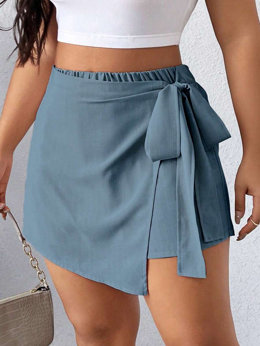 Elenzga Plus Size Mùa Hè Váy Quấn Màu Thường Ngày - Màu xanh bụi bặm - Xem 1