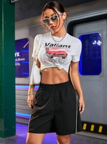 Streetz SHEIN Sport Women's Color Block Rolled Hem Casual Sports Shorts For SummerWomen Sweat Short, Gym Short, Biker Short - Black - View 5