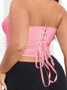 Plus Ruched Mesh Shapewear Bandeau Corset Top - Baby Pink - View 3