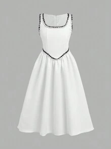 SHEIN Tween Girl Casual Colorblock Sleeveless White Dress, Suitable For Commuting, Mid-Length - White - View 3