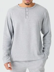 男士純色圓領長袖上衣和短褲組