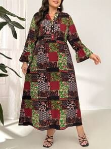 Mulvari Plus Size Vacation Casual Long Printed Bell Sleeve Modest Dress, Retro Casual Vintage Fashion Loose Modest Dress Spring Summer - Black - View 4