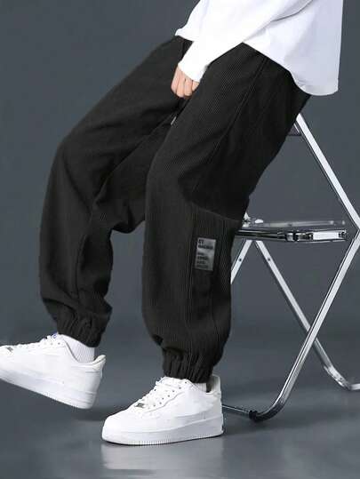 Manfinity EZcore Men's Casual Drawstring Waist Patch Detailed Jogger Pants, Fall, Corduroy