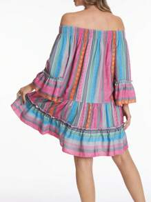度假休闲拼色条纹几何印花露肩喇叭袖连衣裙 - 彩色 - 查看 3