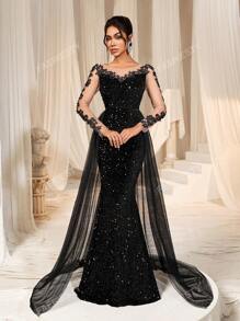 Faeriesty Vestido de gala elegante con cola de sirena con lentejuelas y brillo, con bordado floral y tren de tul fluido de Faeriesty | Vestido de noche de lujo para galas de etiqueta negra, bodas