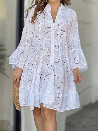 Vestido de encaje de manga larga con cordones y de color liso calado, apropiado para bodas, actividades al aire libre y ropa de casa. Ropa de verano para mujer, vestimenta casual de negocios para mujeres