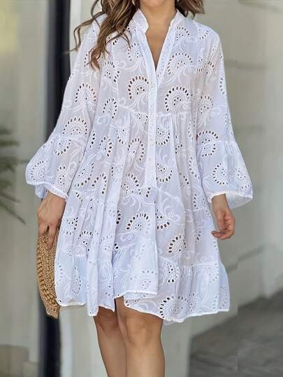 Vestido de encaje de manga larga con cordones y de color liso calado, apropiado para bodas, actividades al aire libre y ropa de casa. Ropa de verano para mujer, vestimenta casual de negocios para mujeres