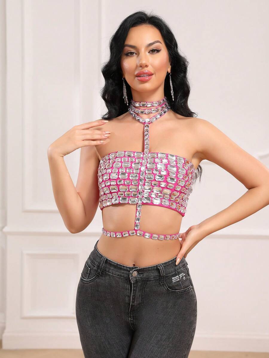 Handmade Rhinestone Bandeau Halter Neck Crop Top, Summer