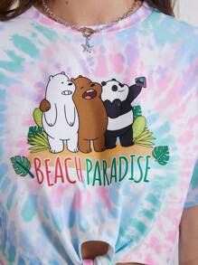 We Bare Bears X SHEIN 女款卡通熊和水洗染印花釋放肩部寬鬆綁帶下擺短款上衣，夏季 - 藍色 - 查看 5