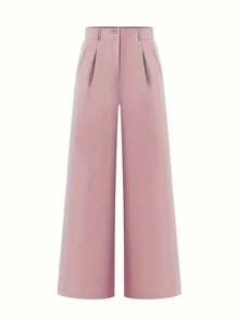 SHEIN Clasi 實色百褶寬腿褲,帶斜口袋 - 粉色 - 查看 3