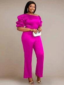 大碼不對稱領泡泡袖喇叭連身褲 - 玫紅色 - 查看 4