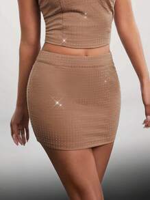Hauture Summer Sexy Rhinestone Embellished Slim Fit Mini Solid Color Skirt - Brown - View 1