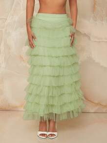SHEIN Unity Falda maxi elegante de volantes y malla de capas sólida