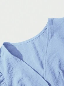 SHEIN Clasi Deep V-Neck Dress With Button Decoration, Ruffled Hem, Waist Belt For Summer Casual Wear - Blue - View 4