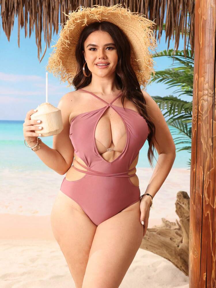 Plus Size Summer Holiday Beach Plain Hollow-Out One-Piece Swimsuit,Summer Beach