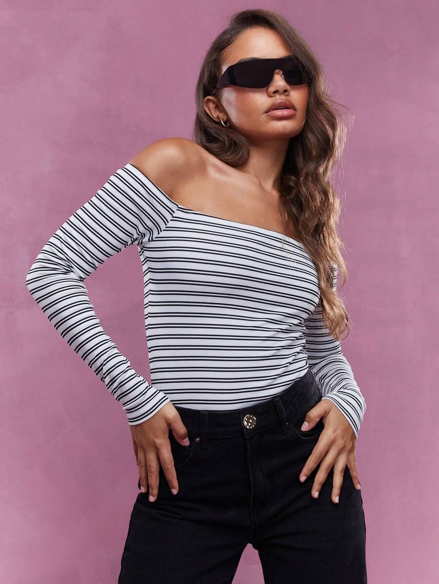 MISSGUIDED Off Shoulder Full Sleeve Striped Bodysuit - Black - View 1