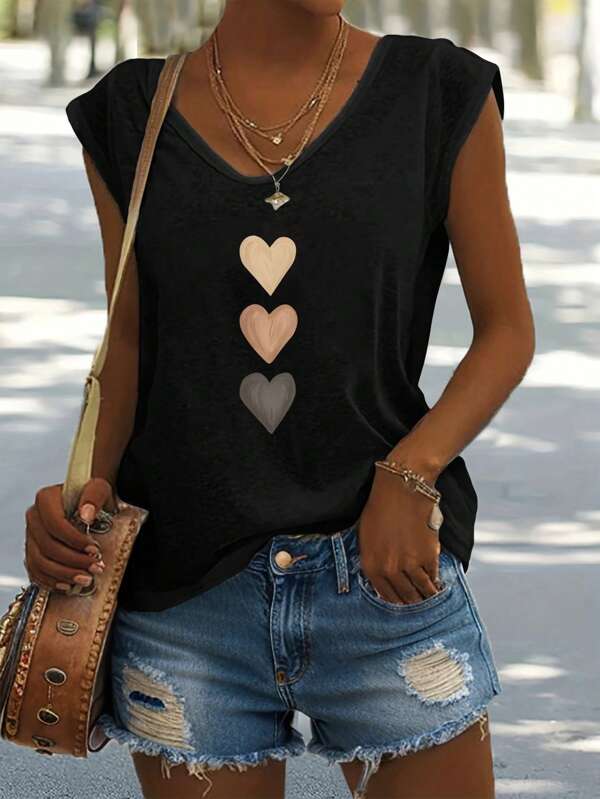 EMERY ROSE Women's Casual Heart Pattern V-Neck Tank Top Suitable For Summer