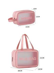 Large Capacity Translucent Pink Cosmetic Bag With Letter Print, Portable