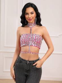 Handmade Rhinestone Bandeau Halter Neck Crop Top, Summer