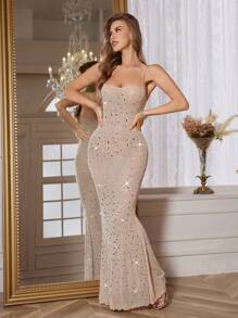Vestido de fiesta de verano elegante de mujer con aplicaciones de strass y ajustado al Body - Champán - Ver 3
