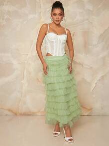 SHEIN Unity Falda maxi elegante de volantes y malla de capas sólida