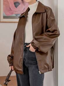 Dazy-Less 落肩斜插口袋PU皮夹克，秋季女装皮夹克