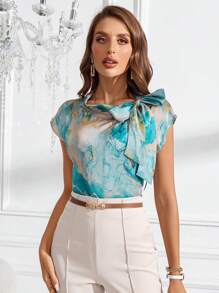 SHEIN Clasi Women's Collar Tie Bowknot Design Satin Mint Blue & Gold Marble Design Elegant Fresh Blue Shirt - Multicolor - View 5