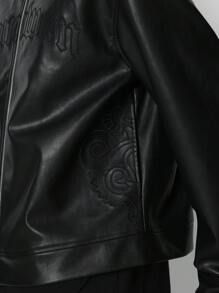 SUMWON 奢华压花皮革飞行员夹克 Twenty Three Collection 设计师街头服饰高级版定制刺绣时尚经典外套 - 黑色 - 查看 4