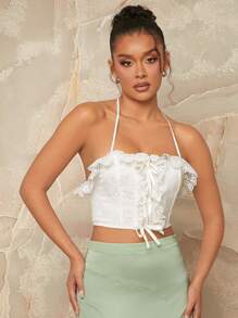 Hauture Áo crop top ren xếp nếp - trắng - Xem 4