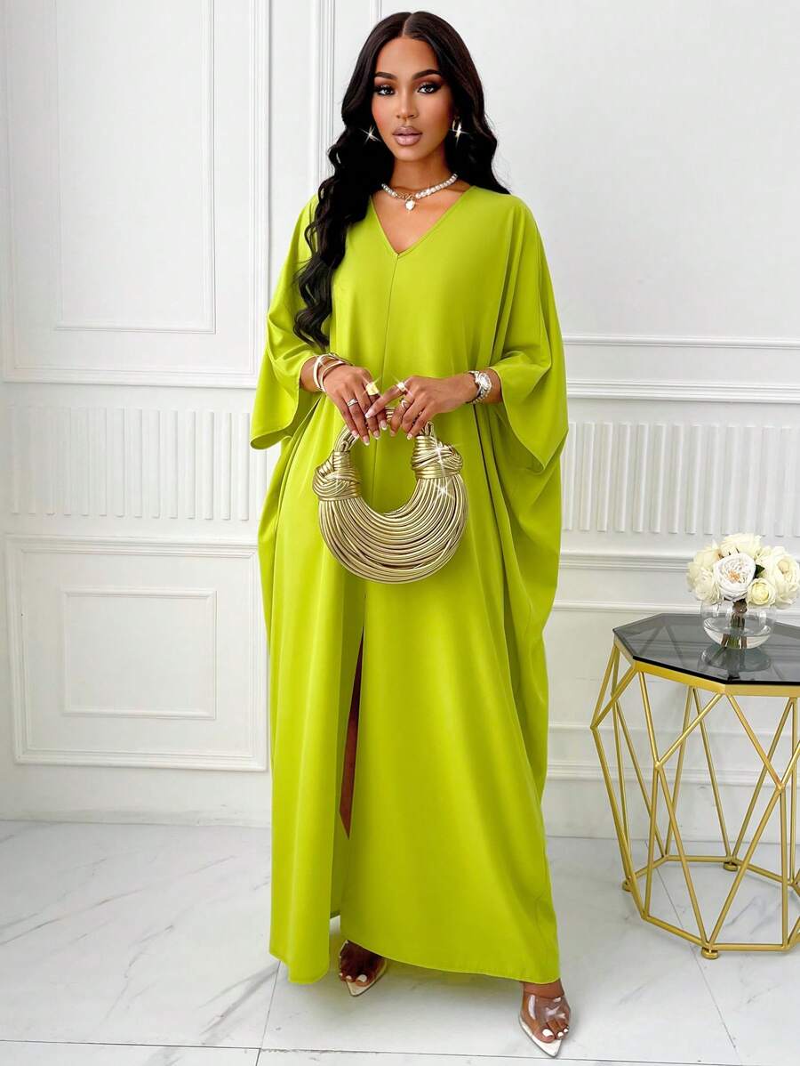 BIUBIU V Neck  Batwing Sleeve Split Thigh Dress - Green - View 1