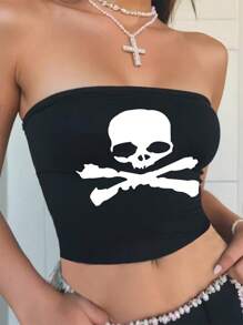 SHEIN Essnce 女式無肩帶骷髏印花短上衣 - 黑色 - 查看 1