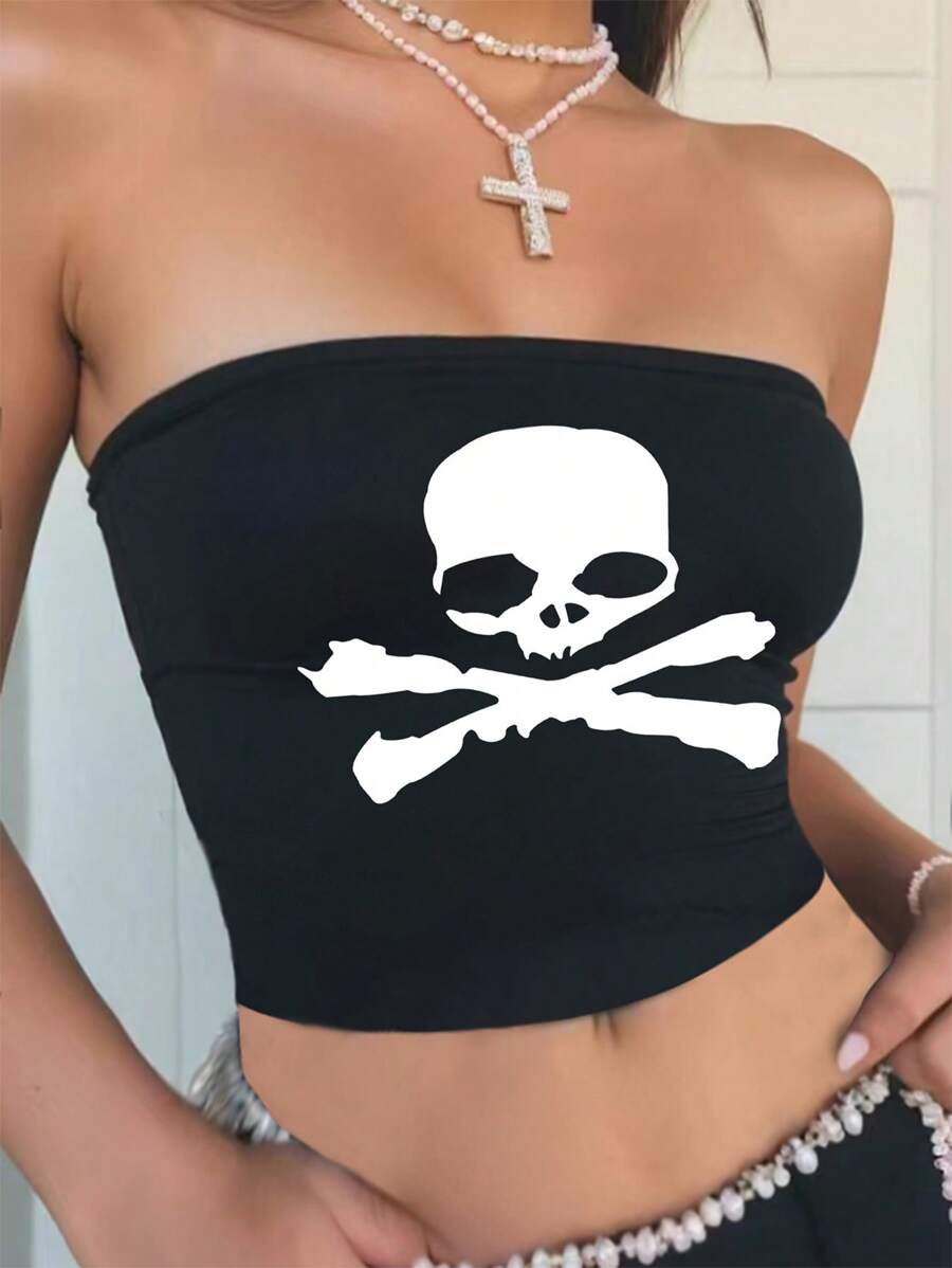 SHEIN Essnce 女式無肩帶骷髏印花短上衣 - 黑色 - 查看 1