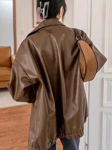 Dazy-Less 落肩斜插口袋PU皮夹克，秋季女装皮夹克